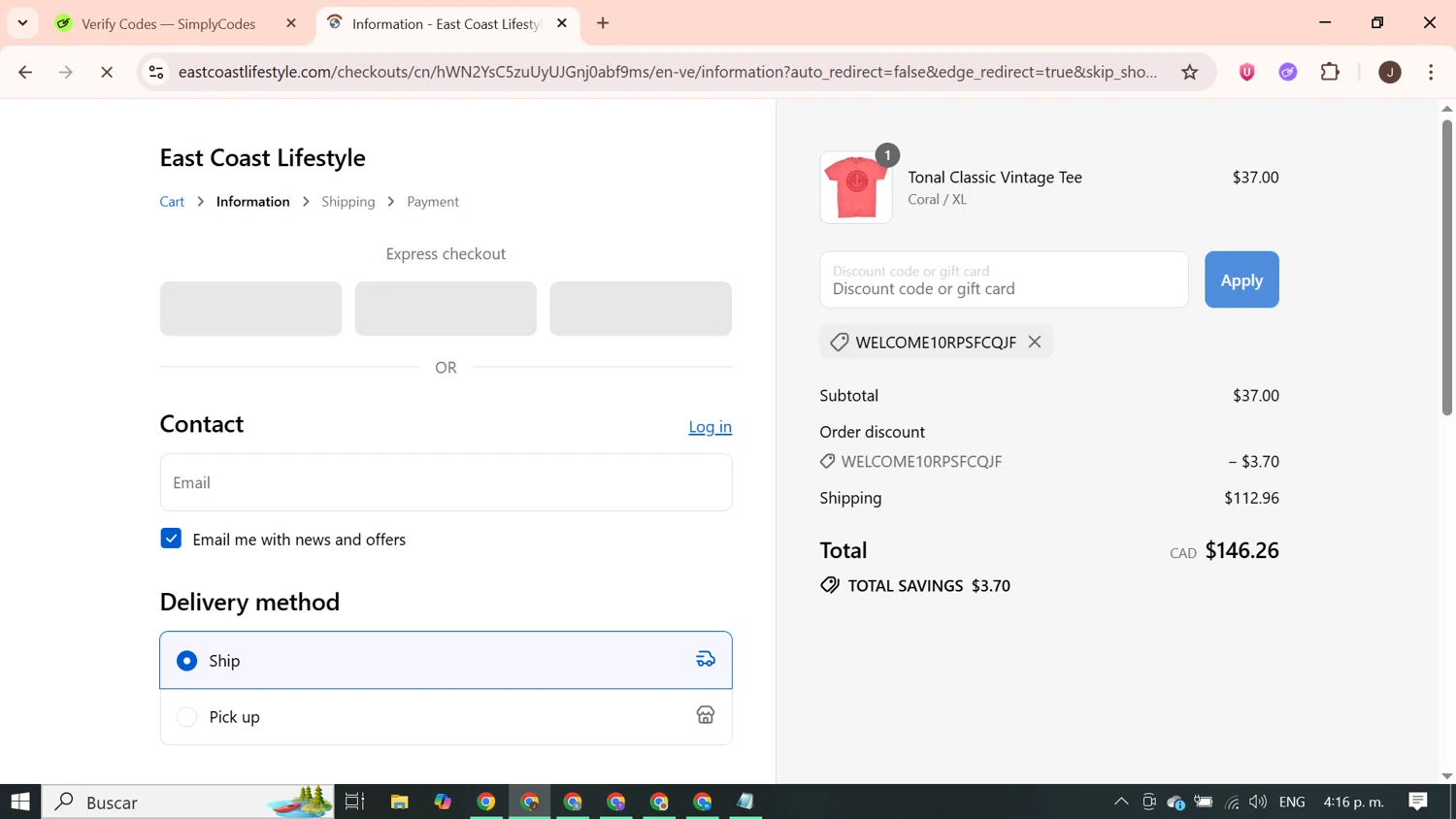 East Coast Lifestyle promo code screenshot showing code WELCOME10RPSFCQJF applied at East Coast Lifestyle checkout page. Uploaded by SimplyCodes community member PrimeGenius2371 on Sep 3, 2025