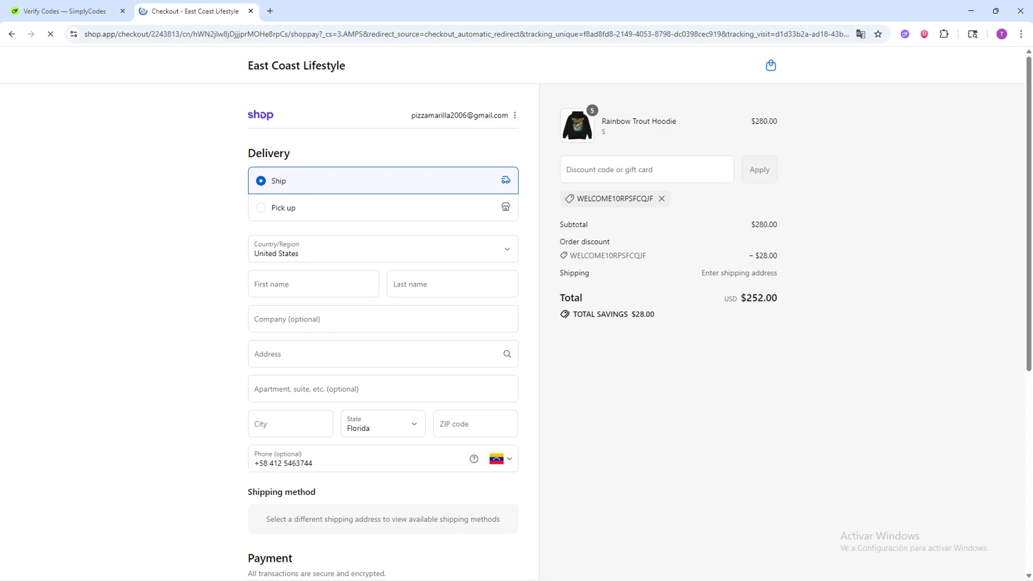East Coast Lifestyle promo code screenshot showing code WELCOME10RPSFCQJF applied at East Coast Lifestyle checkout page. Uploaded by SimplyCodes community member ShrewdSleuth9497 on Sep 8, 2025