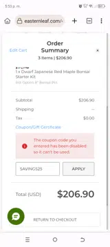 SAVINGS25 coupon verification screenshot