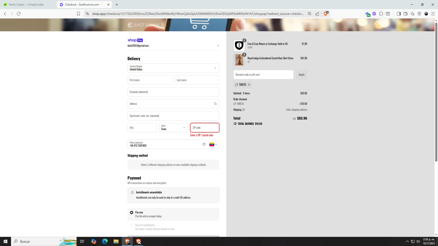 EastEssence promo code screenshot showing code TAKE10 applied at EastEssence checkout page. Uploaded by SimplyCodes community member AnthonyGTX on Jul 10, 2025