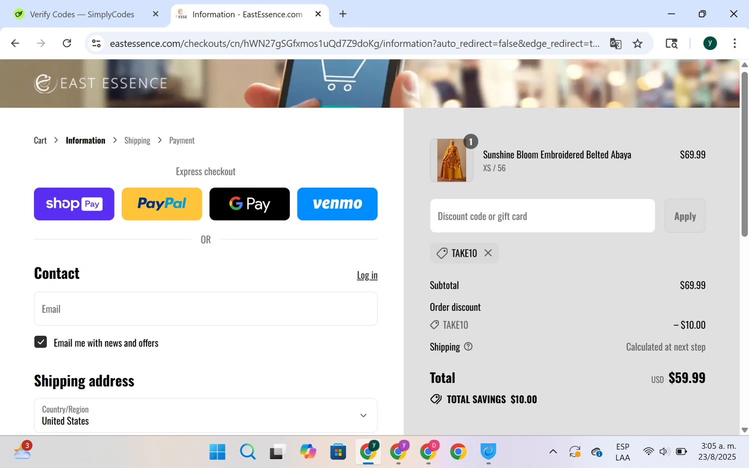 EastEssence promo code screenshot showing code TAKE10 applied at EastEssence checkout page. Uploaded by SimplyCodes community member chespi on Aug 23, 2025