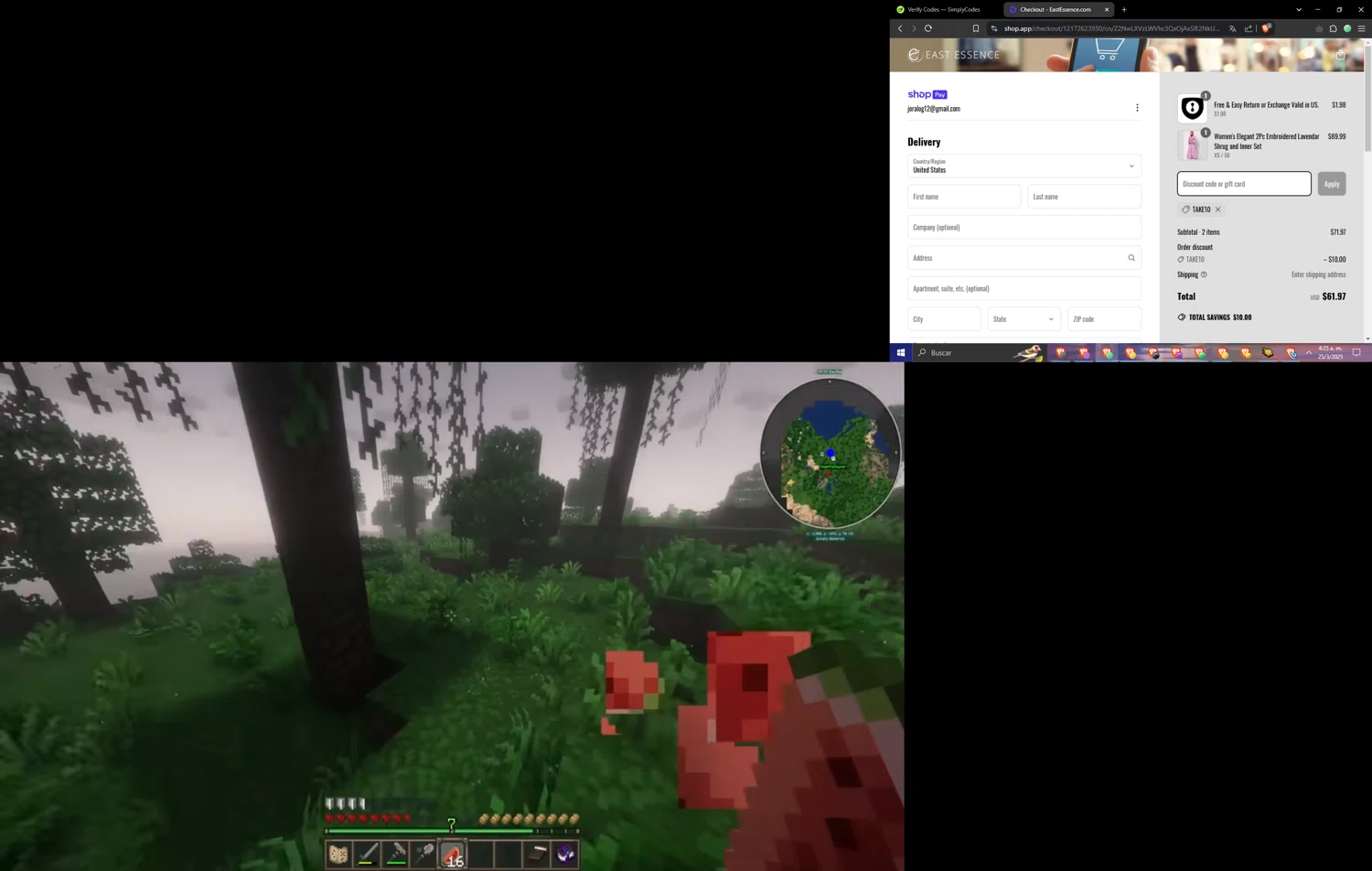 EastEssence promo code screenshot showing code TAKE10 applied at EastEssence checkout page. Uploaded by SimplyCodes community member SaleHunter9234 on Mar 25, 2025