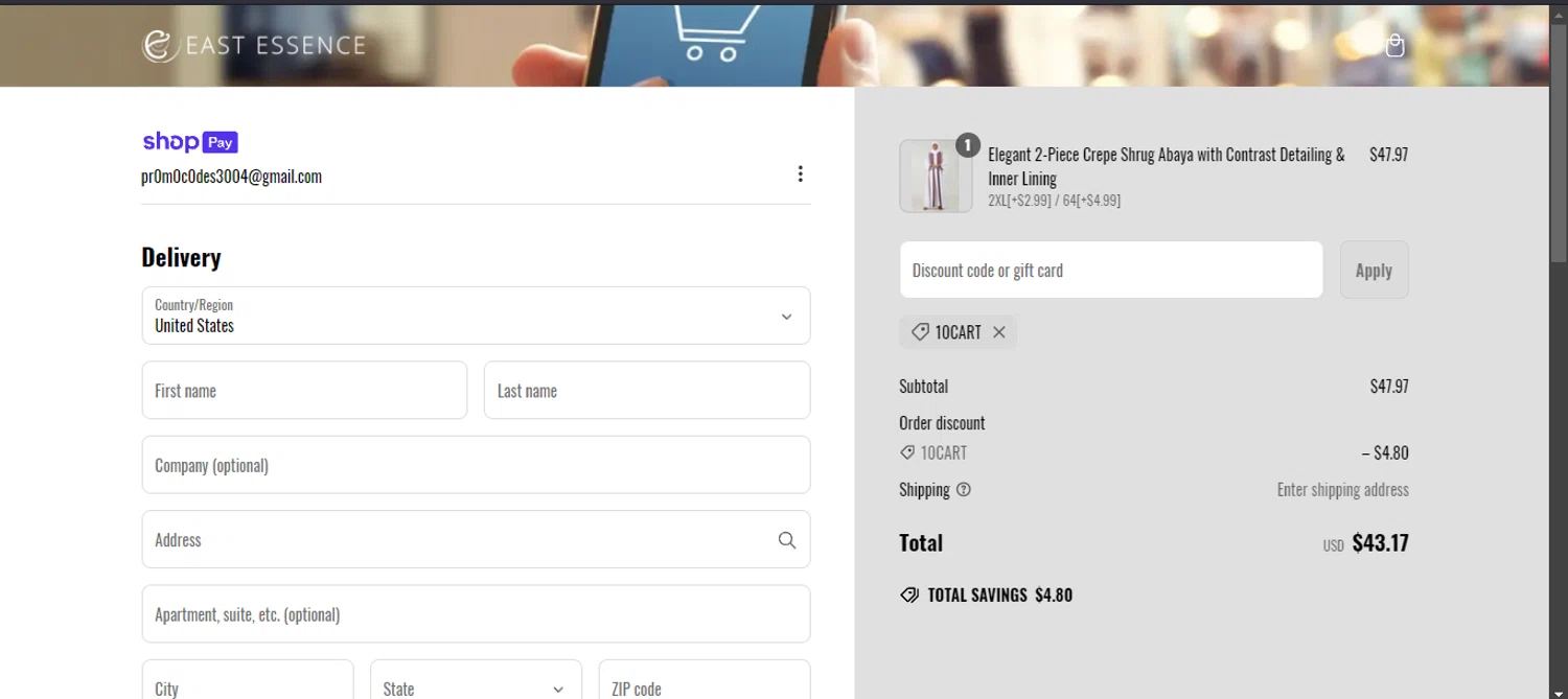 EastEssence promo code screenshot showing code 10CART applied at EastEssence checkout page. Uploaded by SimplyCodes community member RINITOSHI on Mar 4, 2025