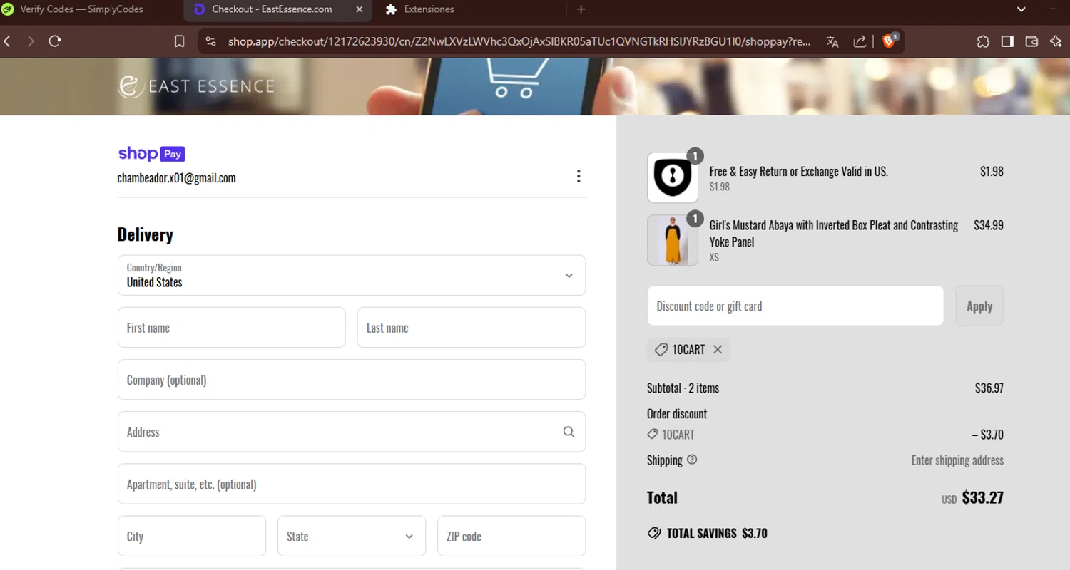 EastEssence promo code screenshot showing code 10CART applied at EastEssence checkout page. Uploaded by SimplyCodes community member MoneyBoss6673 on Mar 17, 2025