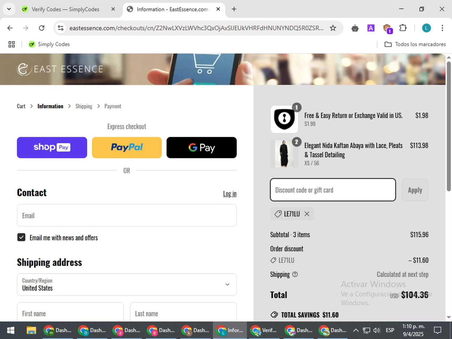 EastEssence promo code screenshot showing code LE71LU applied at EastEssence checkout page. Uploaded by SimplyCodes community member LuckyLegend792 on Apr 9, 2025