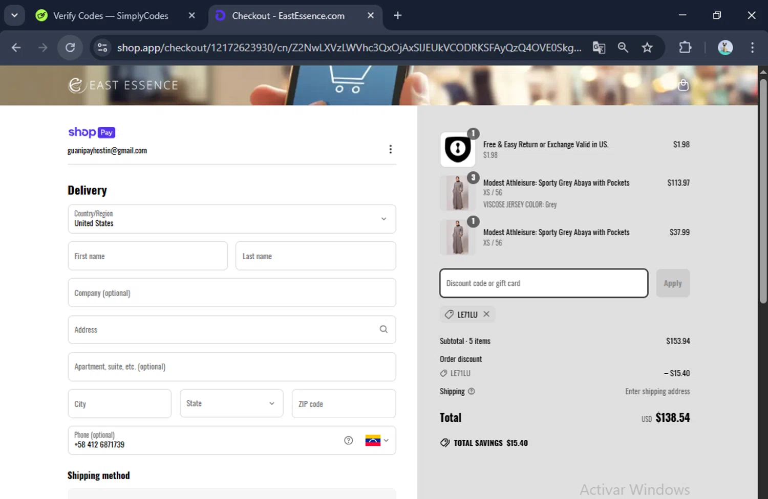 EastEssence promo code screenshot showing code LE71LU applied at EastEssence checkout page. Uploaded by SimplyCodes community member toti2222 on Apr 9, 2025