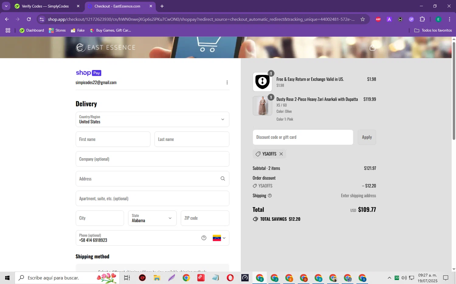 EastEssence promo code screenshot showing code YSAOFFS applied at EastEssence checkout page. Uploaded by SimplyCodes community member RebateScholar429 on Jul 19, 2025