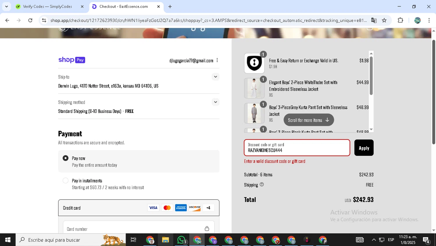 EastEssence promo code screenshot showing code RAZVANIONESCU444 applied at EastEssence checkout page. Uploaded by SimplyCodes community member ShrewdMonarch9444 on Aug 1, 2025