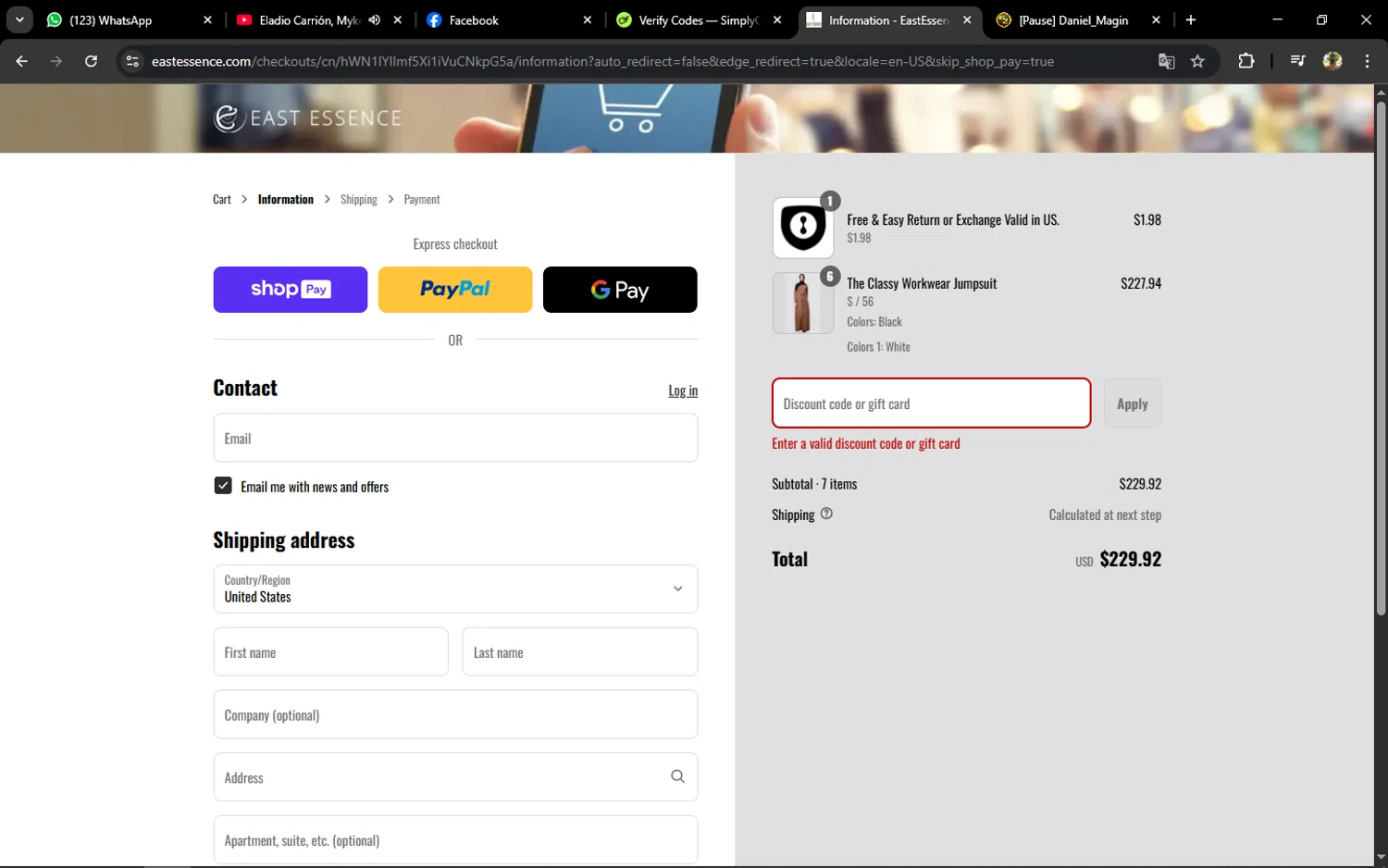 EastEssence promo code screenshot showing code RAZVANIONESCU444 applied at EastEssence checkout page. Uploaded by SimplyCodes community member osquitarivas on Aug 1, 2025