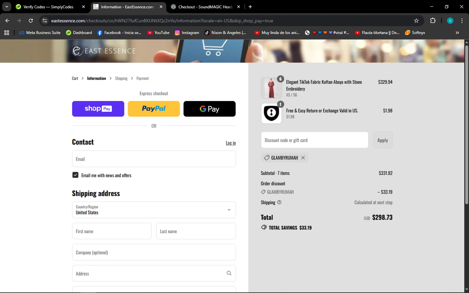 EastEssence promo code screenshot showing code GLAMBYRUMAH applied at EastEssence checkout page. Uploaded by SimplyCodes community member ELROJO on Aug 23, 2025