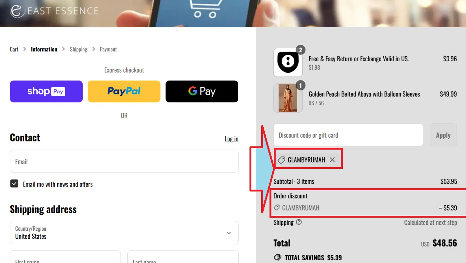 EastEssence promo code screenshot showing code GLAMBYRUMAH applied at EastEssence checkout page. Uploaded by SimplyCodes community member kattylar on Aug 9, 2025