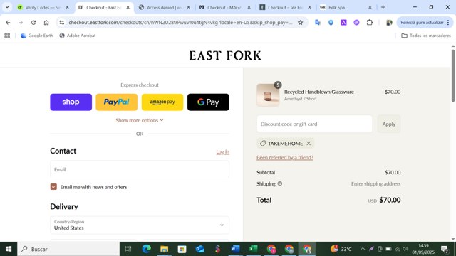 East Fork checkout page showing East Fork discount code box | Screenshot taken by SimplyCodes community member on Sep 1, 2025