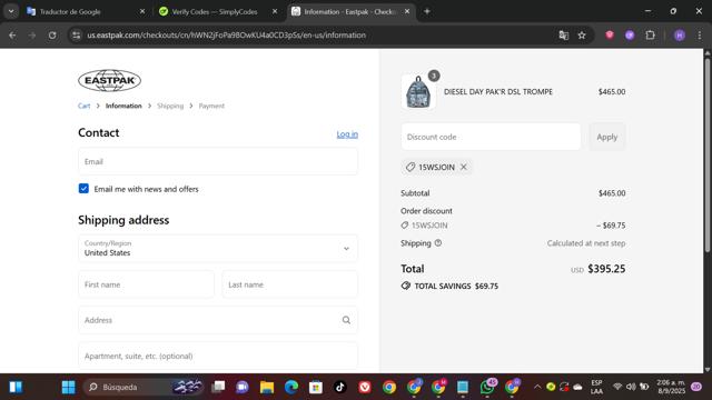 Eastpak checkout page showing Eastpak discount code box | Screenshot taken by SimplyCodes community member on Sep 8, 2025
