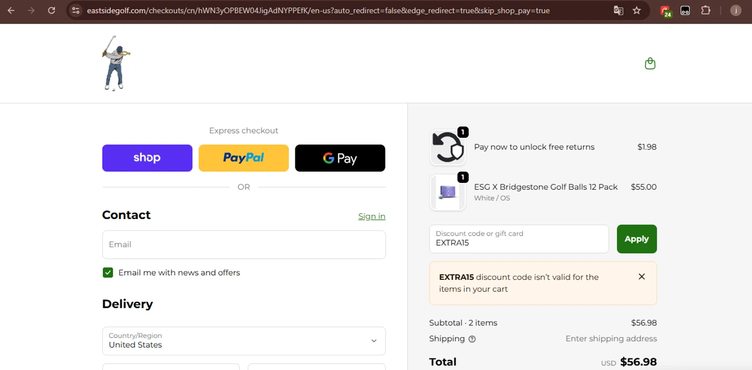 Eastside Golf promo code screenshot showing code EXTRA15 applied at Eastside Golf checkout page. Uploaded by SimplyCodes community member VoucherKnight6415 on Oct 11, 2025