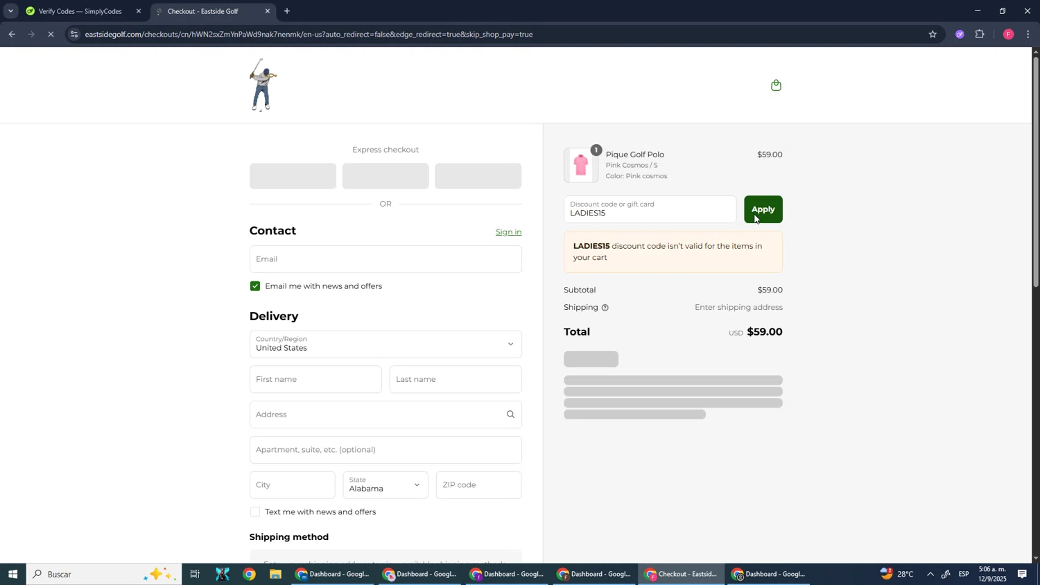 Eastside Golf promo code screenshot showing code LADIES15 applied at Eastside Golf checkout page. Uploaded by SimplyCodes community member CleverMonarch1744 on Sep 12, 2025