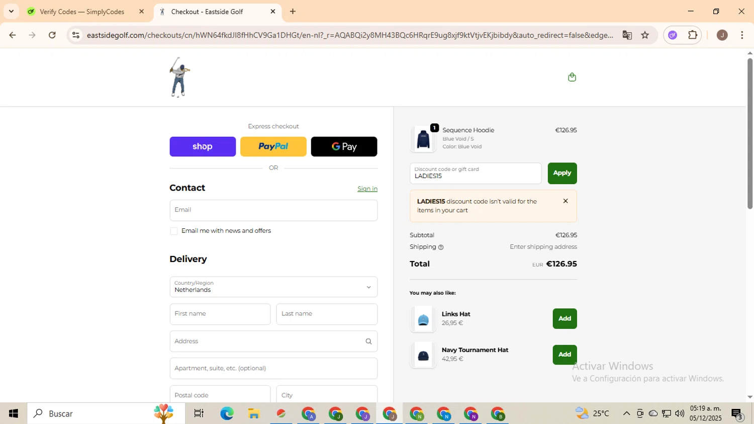 Eastside Golf promo code screenshot showing code LADIES15 applied at Eastside Golf checkout page. Uploaded by SimplyCodes community member ValiantHero2365 on Dec 5, 2025