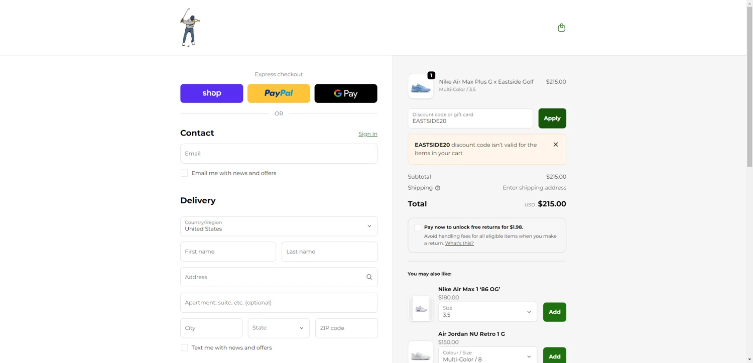 Eastside Golf promo code screenshot showing code EASTSIDE20 applied at Eastside Golf checkout page. Uploaded by SimplyCodes community member CodeGuardian5312 on Nov 19, 2025