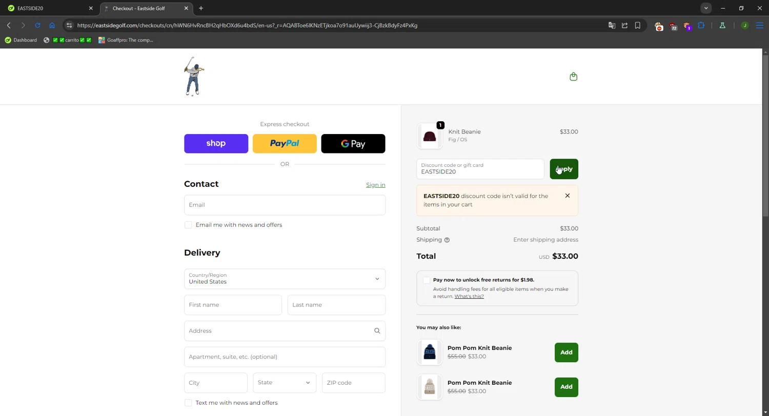 Eastside Golf promo code screenshot showing code EASTSIDE20 applied at Eastside Golf checkout page. Uploaded by SimplyCodes community member FortunateWizard717 on Dec 11, 2025