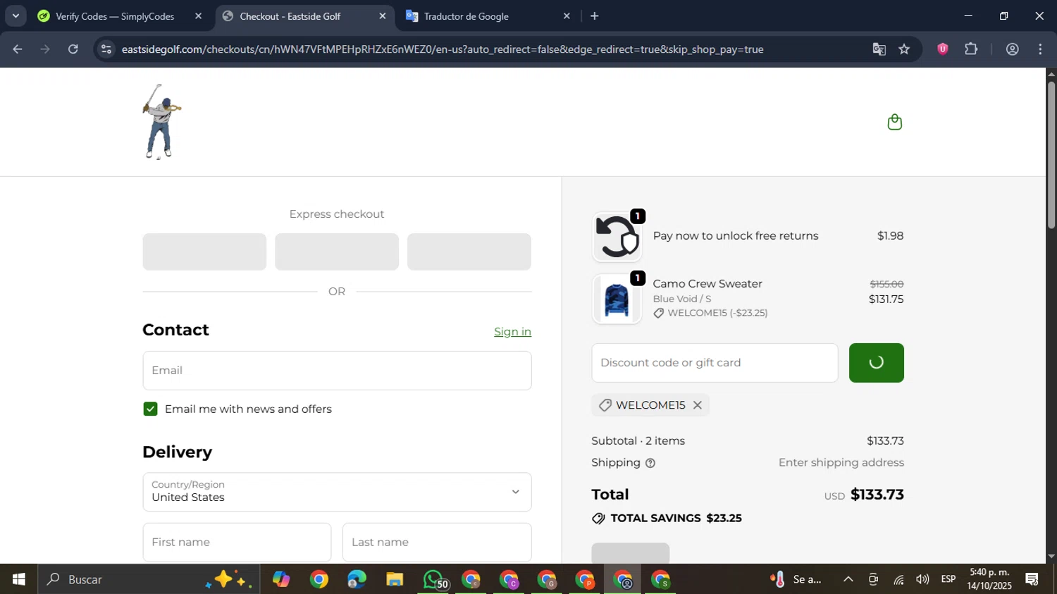 Eastside Golf promo code screenshot showing code WELCOME15 applied at Eastside Golf checkout page. Uploaded by SimplyCodes community member GloriousDefender7889 on Oct 14, 2025