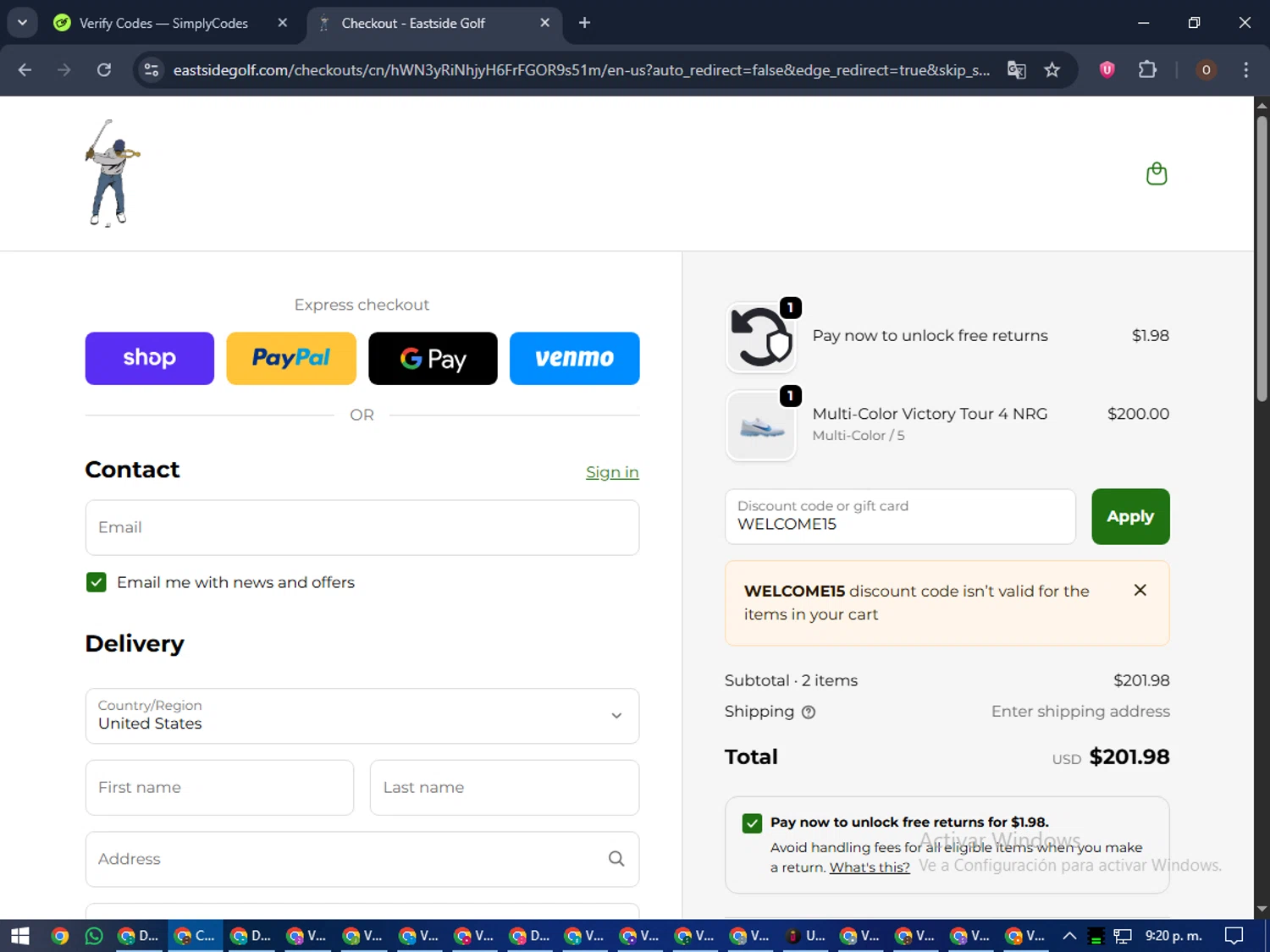 Eastside Golf promo code screenshot showing code WELCOME15 applied at Eastside Golf checkout page. Uploaded by SimplyCodes community member LegendaryAdmiral8649 on Oct 11, 2025