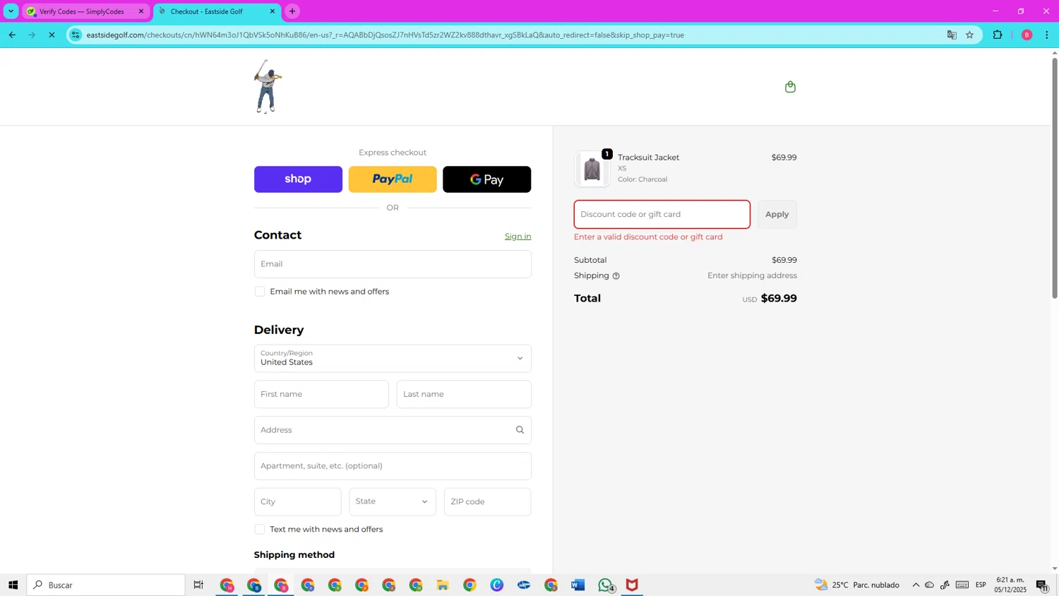 Eastside Golf promo code screenshot showing code CYBERGIFT applied at Eastside Golf checkout page. Uploaded by SimplyCodes community member CleverElite3562 on Dec 5, 2025