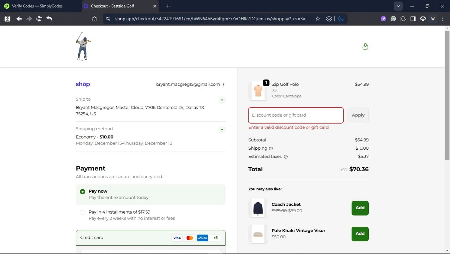 Eastside Golf promo code screenshot showing code CYBERGIFT applied at Eastside Golf checkout page. Uploaded by SimplyCodes community member LegendaryCollector6259 on Dec 5, 2025