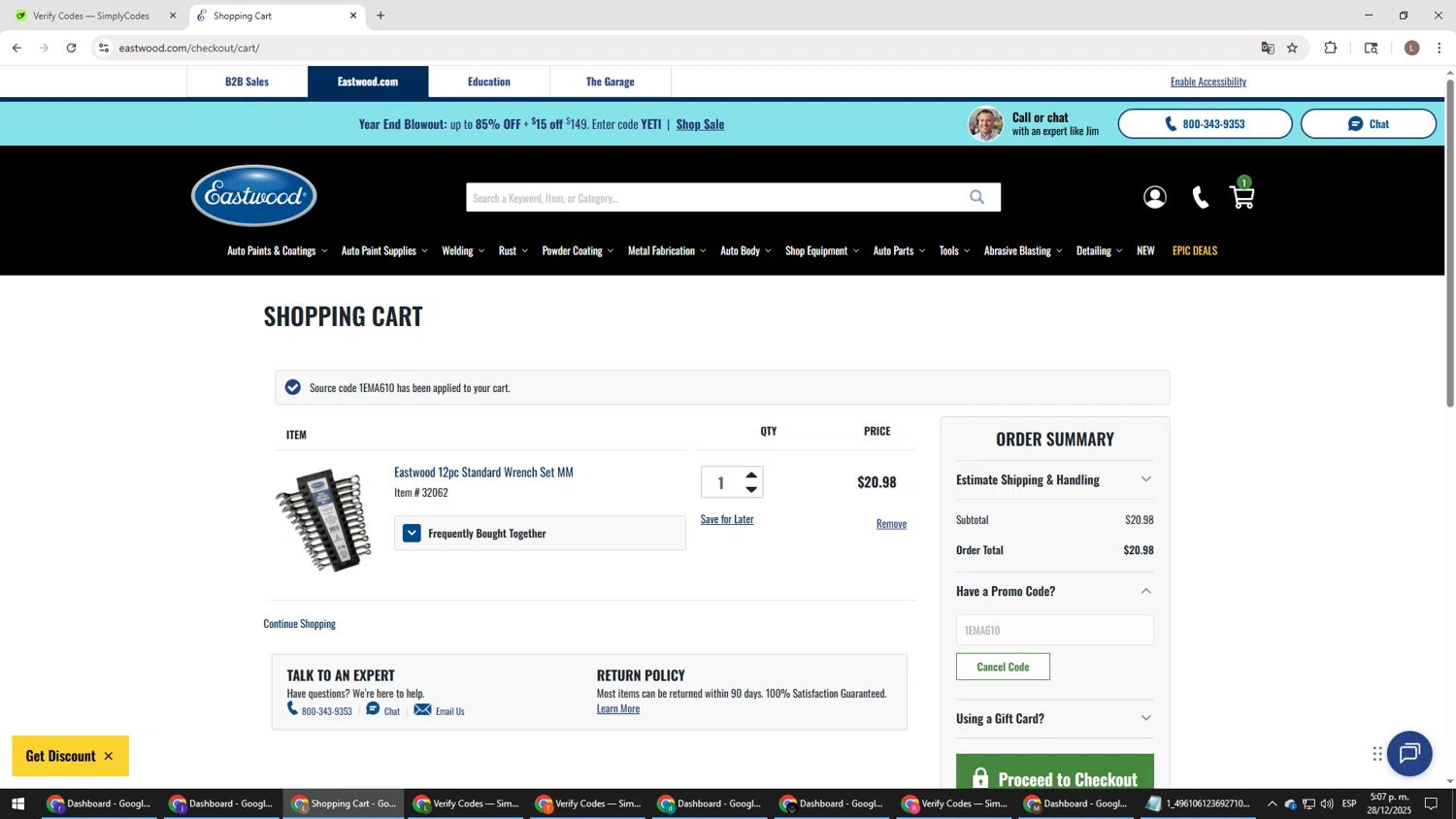Eastwood promo code screenshot showing code 1EMA610 applied at Eastwood checkout page. Uploaded by SimplyCodes community member BENELLI on Dec 28, 2025