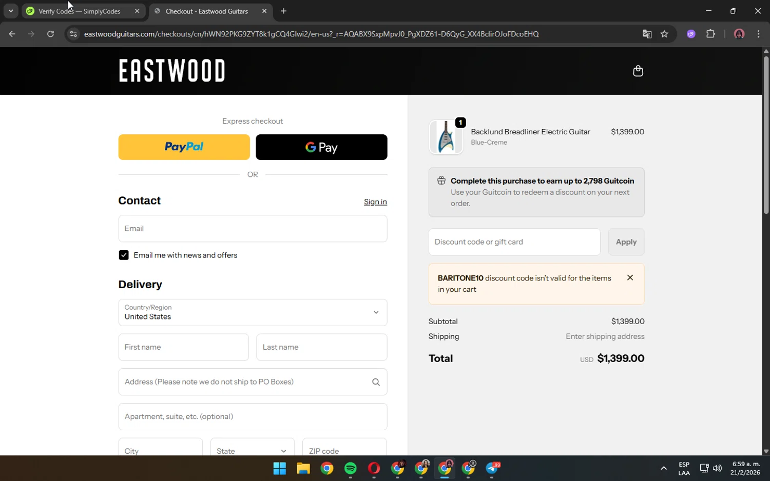 Eastwood Guitars promo code screenshot showing code BARITONE10 applied at Eastwood Guitars checkout page. Uploaded by SimplyCodes community member ShrewdPilot3521 on Feb 21, 2026