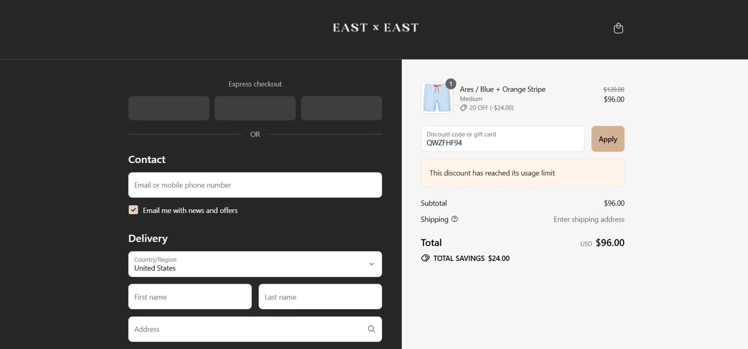 East x East promo code screenshot showing code QWZFHF94 applied at East x East checkout page. Uploaded by SimplyCodes community member Ladybug on Jul 2, 2025
