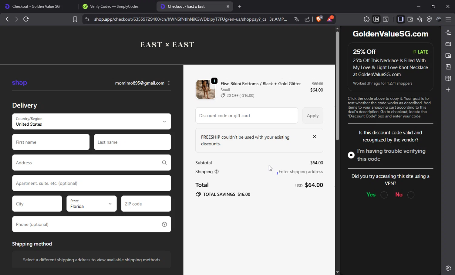 East x East promo code screenshot showing code FREESHIP applied at East x East checkout page. Uploaded by SimplyCodes community member Ema007 on Dec 20, 2025