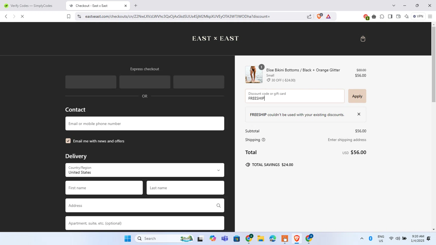 East x East promo code screenshot showing code FREESHIP applied at East x East checkout page. Uploaded by SimplyCodes community member MightySleuth9081 on Jan 4, 2025