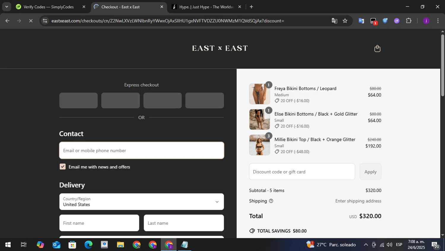 East x East promo code screenshot showing code FREESHIP applied at East x East checkout page. Uploaded by SimplyCodes community member perry1 on Jun 24, 2025