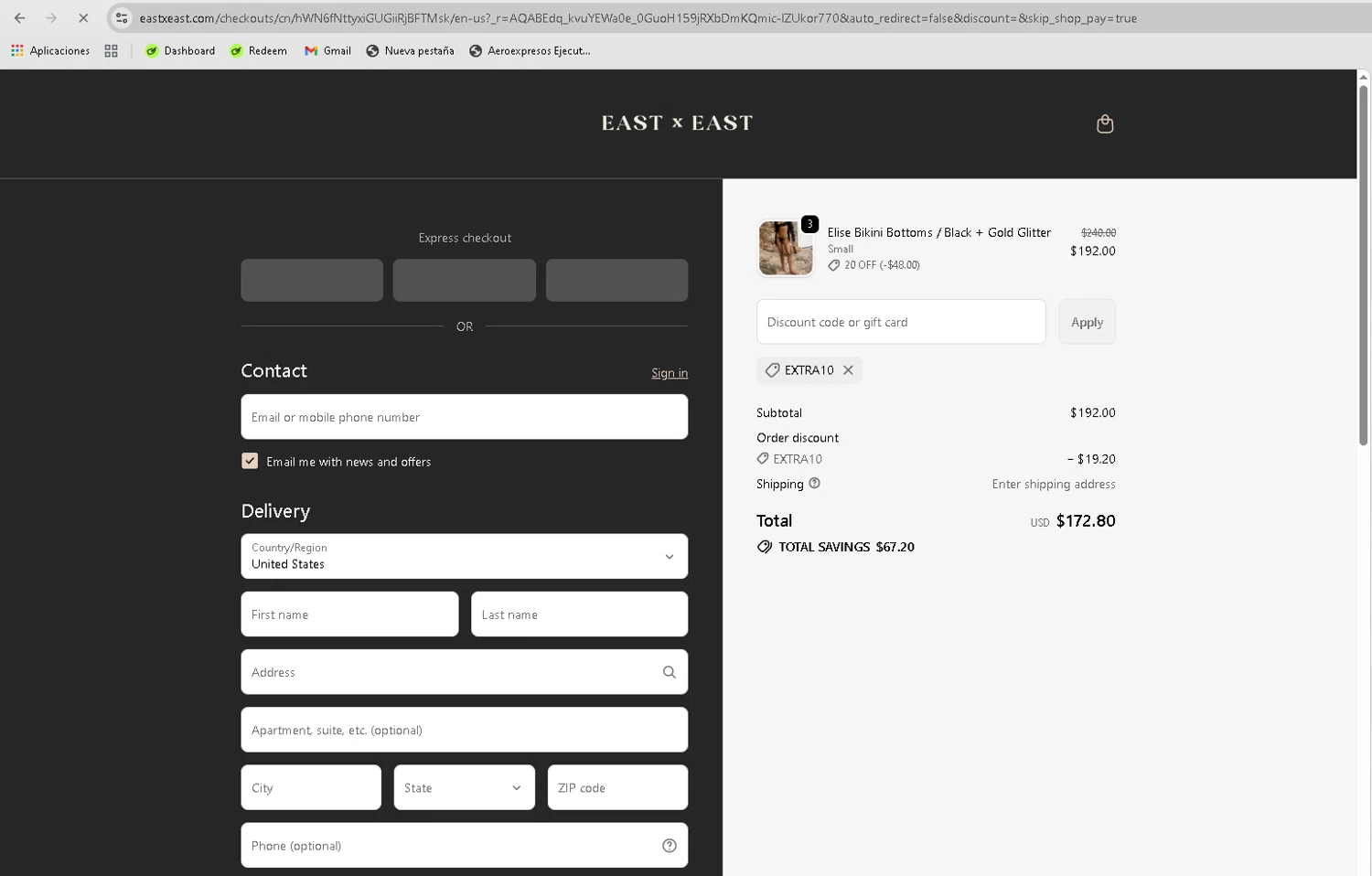 East x East promo code screenshot showing code EXTRA10 applied at East x East checkout page. Uploaded by SimplyCodes community member Turiderss on Dec 20, 2025