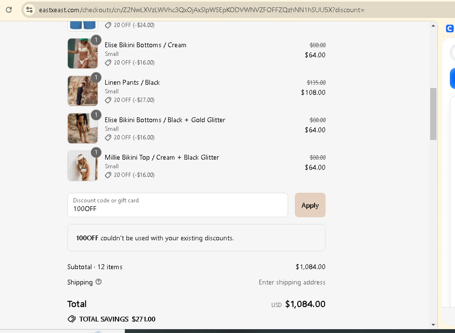 East x East promo code screenshot showing code 100OFF applied at East x East checkout page. Uploaded by SimplyCodes community member AMANDA2681 on Jul 11, 2025