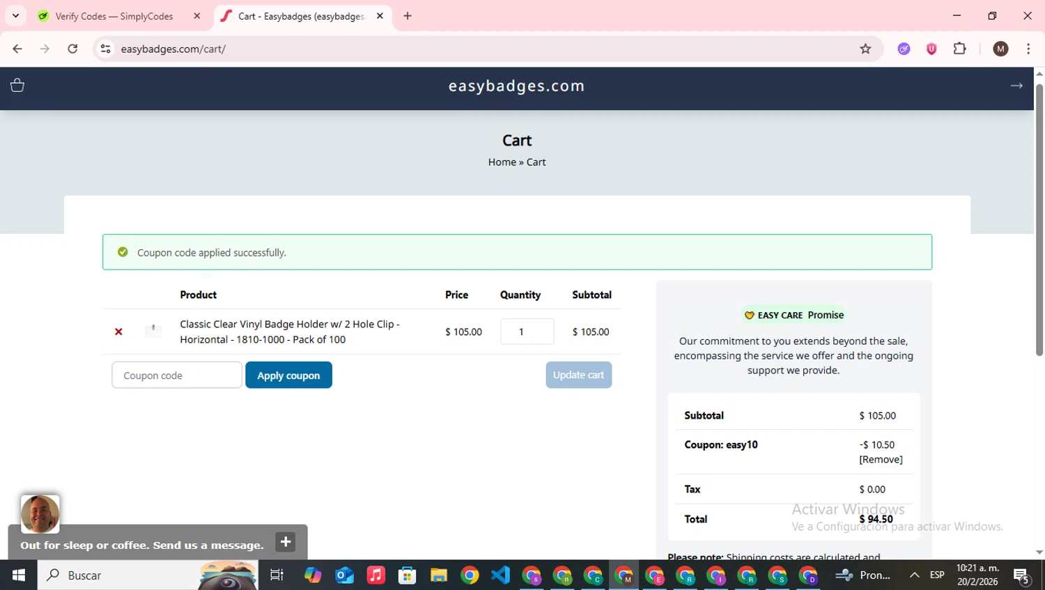 Easy Badges promo code screenshot showing code EASY10 applied at Easy Badges checkout page. Uploaded by SimplyCodes community member WonderWizard9060 on Feb 20, 2026