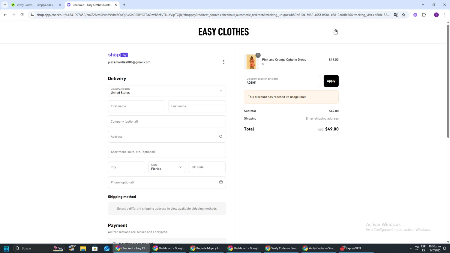 Easy Clothes discount code screenshot showing code ADBH1 applied at Easy Clothes checkout page. Uploaded by SimplyCodes community member AVAMUSTANG on Jul 2, 2025