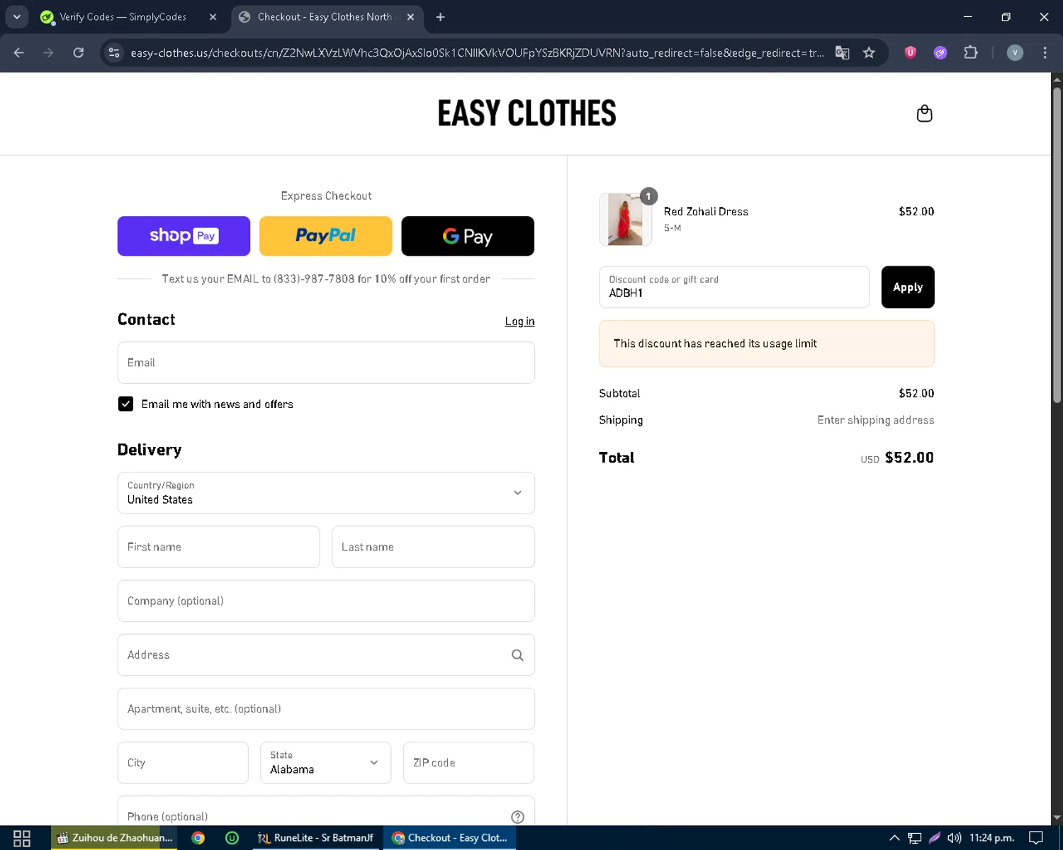 Easy Clothes discount code screenshot showing code ADBH1 applied at Easy Clothes checkout page. Uploaded by SimplyCodes community member charmander589 on Jul 2, 2025