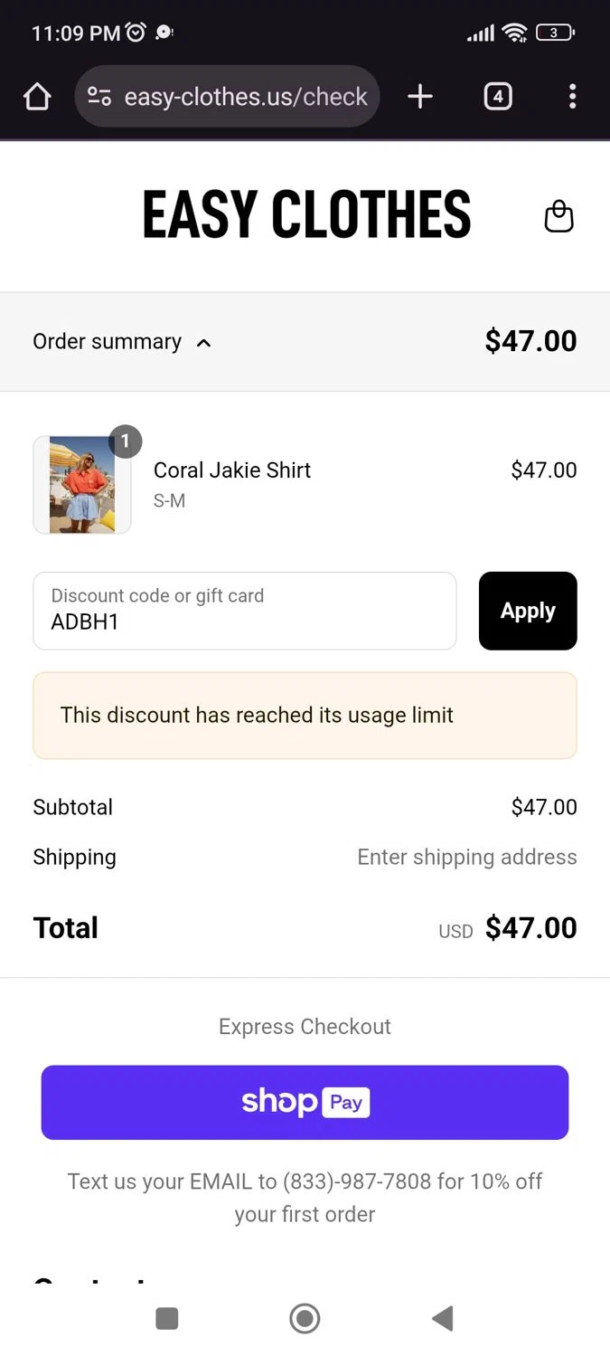 Easy Clothes discount code screenshot showing code ADBH1 applied at Easy Clothes checkout page. Uploaded by SimplyCodes community member juliocoronel038ef0f on Jul 2, 2025