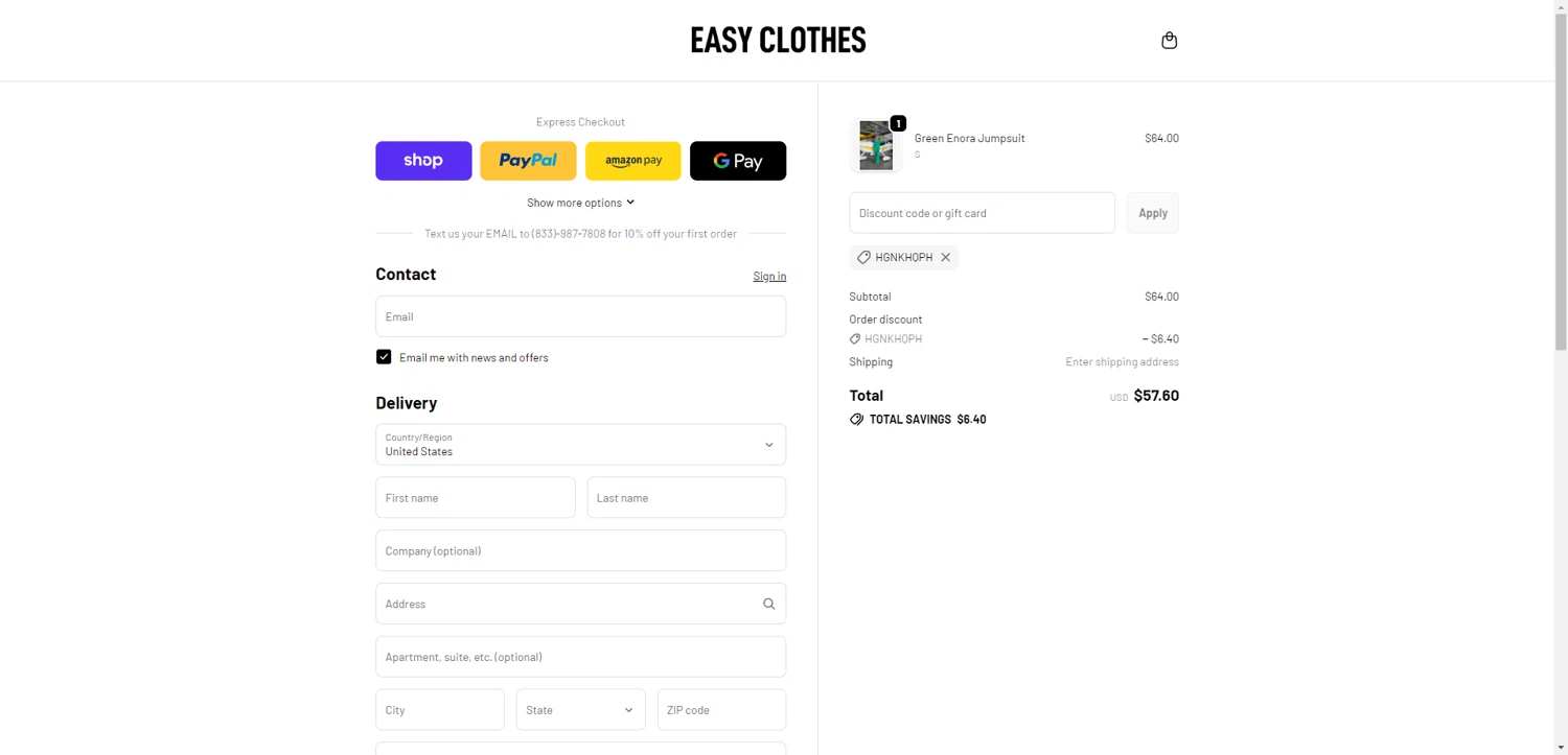 Easy Clothes checkout page showing Easy Clothes discount code box | Screenshot taken by SimplyCodes community member on Feb 2, 2026