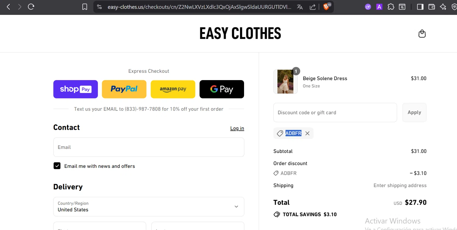 Easy Clothes discount code screenshot showing code ADBFR applied at Easy Clothes checkout page. Uploaded by SimplyCodes community member Trump23 on Jul 3, 2025
