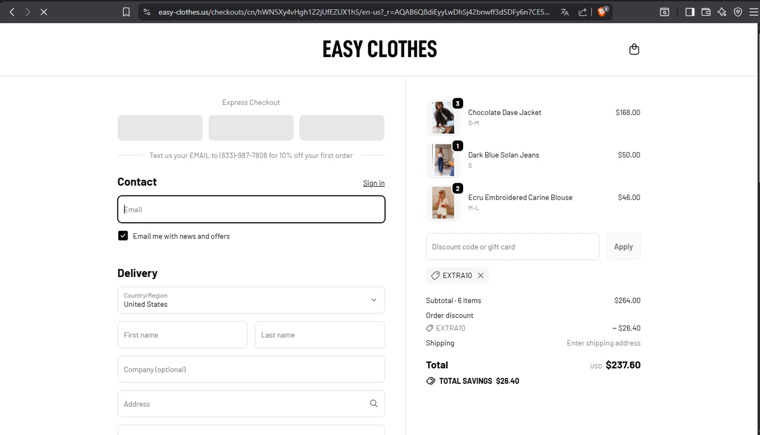 Easy Clothes discount code screenshot showing code EXTRA10 applied at Easy Clothes checkout page. Uploaded by SimplyCodes community member crischidy25 on Nov 28, 2025