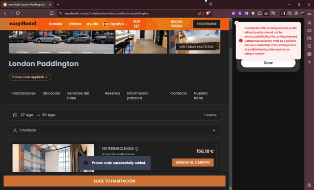 EasyHotel checkout page showing EasyHotel promo code box | Screenshot taken by SimplyCodes community member on Aug 26, 2025