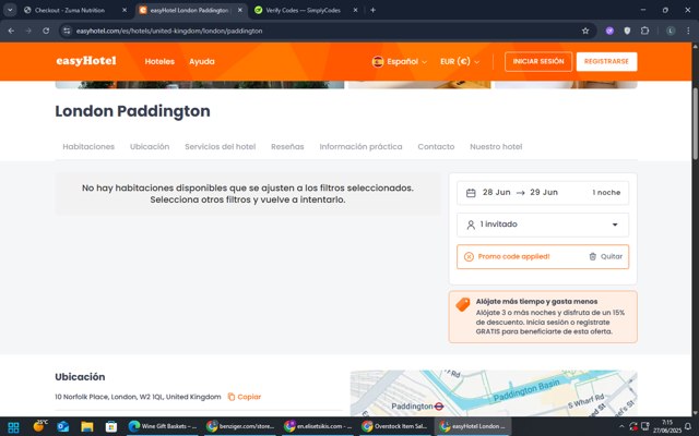 EasyHotel checkout page showing EasyHotel promo code box | Screenshot taken by SimplyCodes community member on Jun 27, 2025