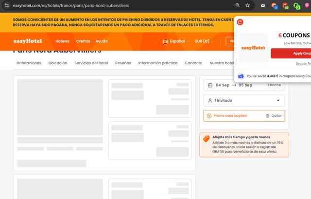 EasyHotel checkout page showing EasyHotel promo code box | Screenshot taken by SimplyCodes community member on Sep 4, 2025