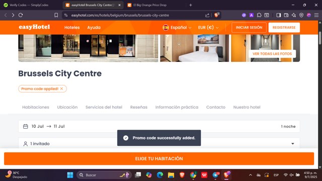 EasyHotel checkout page showing EasyHotel promo code box | Screenshot taken by SimplyCodes community member on Jul 9, 2025