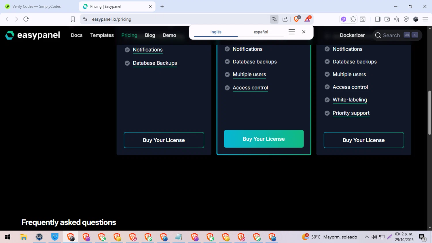 Easypanel discount code screenshot showing code pdvrwhnu10 applied at Easypanel checkout page. Uploaded by SimplyCodes community member DiscountDefender1226 on Oct 29, 2025
