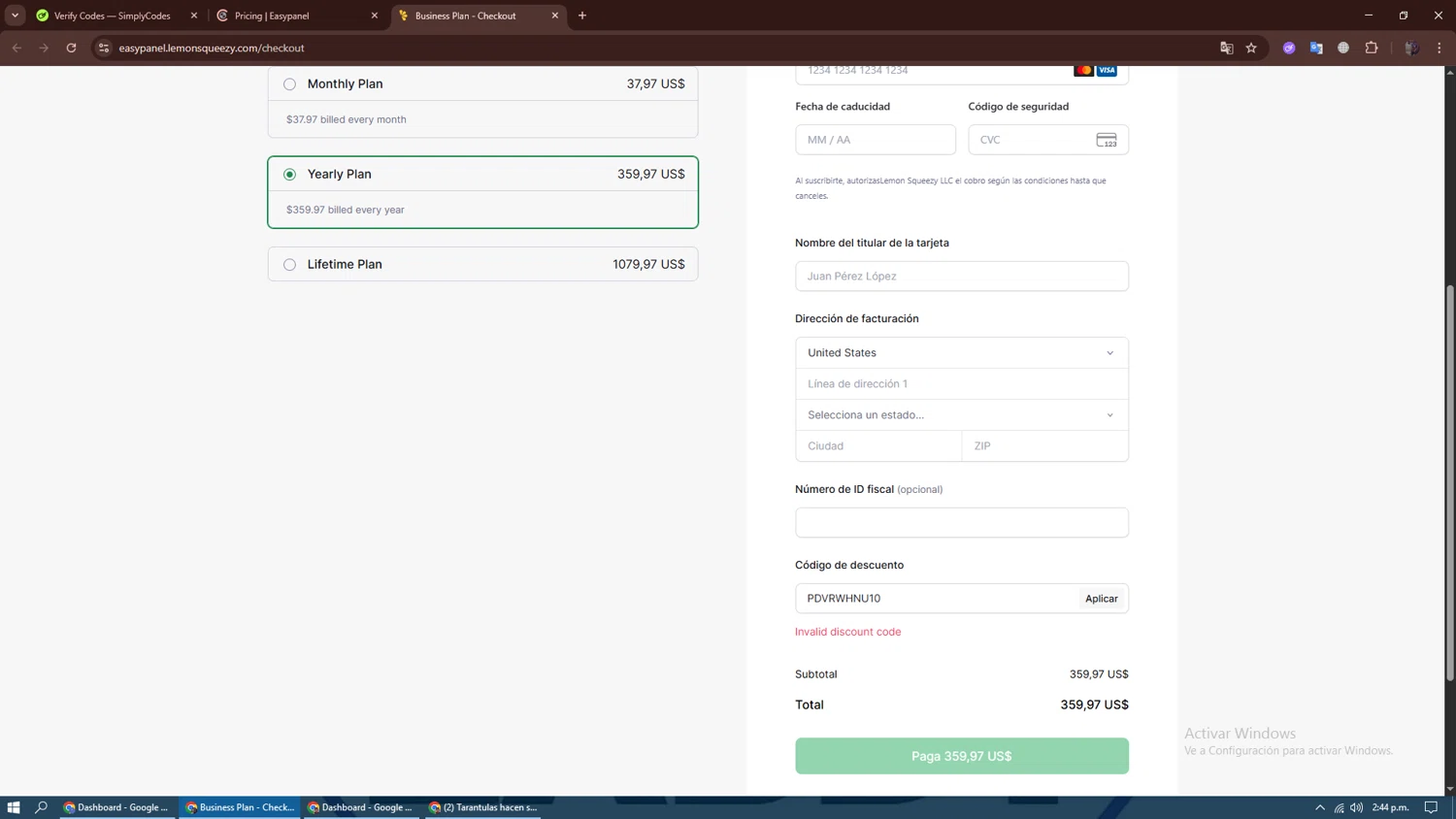 Easypanel discount code screenshot showing code pdvrwhnu10 applied at Easypanel checkout page. Uploaded by SimplyCodes community member dennygomez on Oct 29, 2025