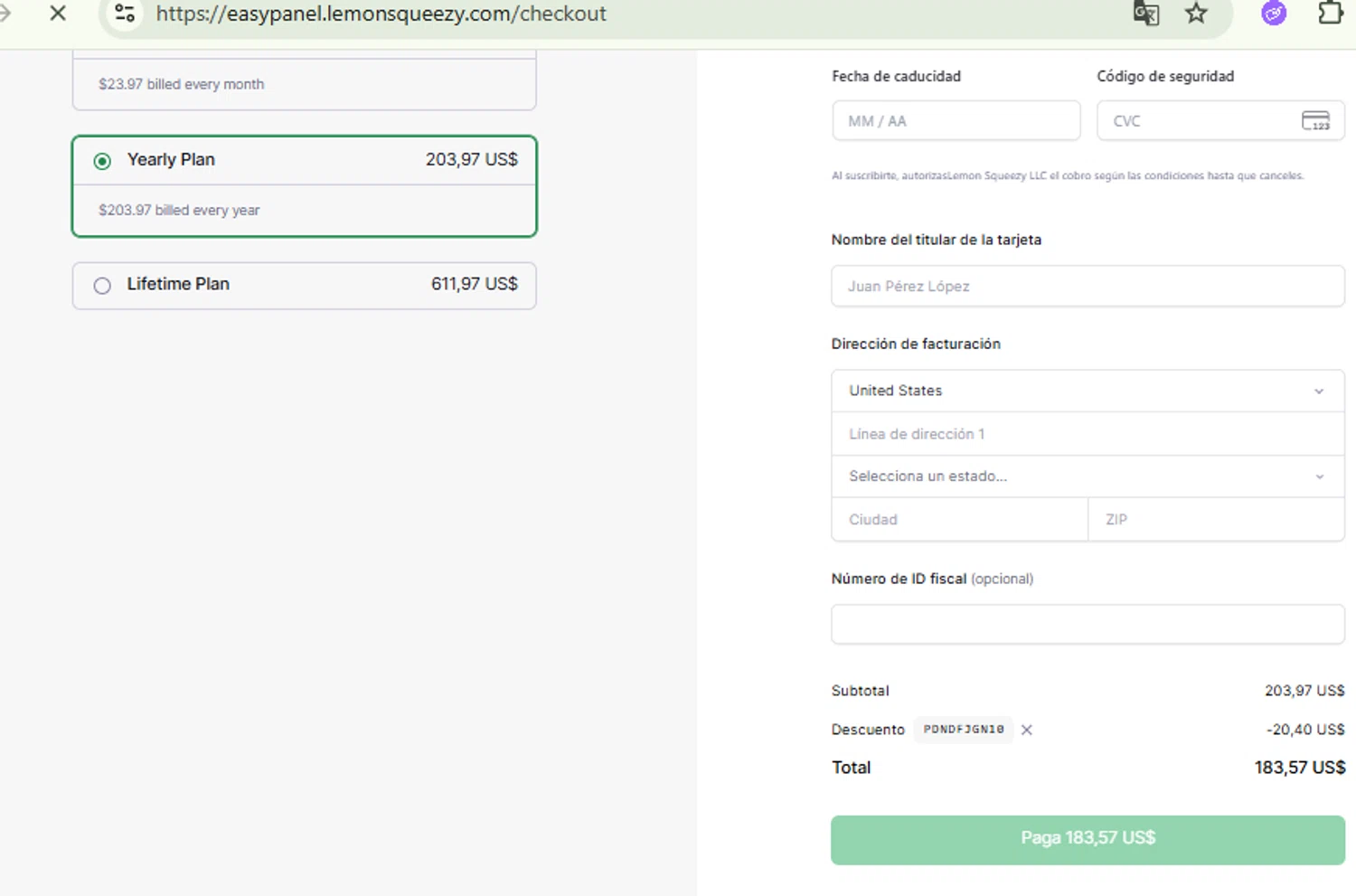 Easypanel discount code screenshot showing code pdndfjgn10 applied at Easypanel checkout page. Uploaded by SimplyCodes community member RewardFinder4836 on Oct 23, 2025