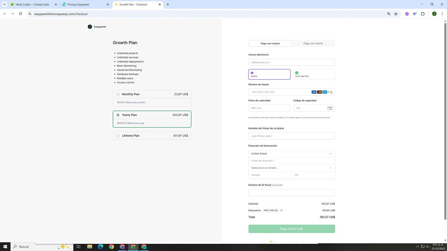 Easypanel discount code screenshot showing code PDPLCHEC10 applied at Easypanel checkout page. Uploaded by SimplyCodes community member AnthonyGTX on Dec 21, 2025