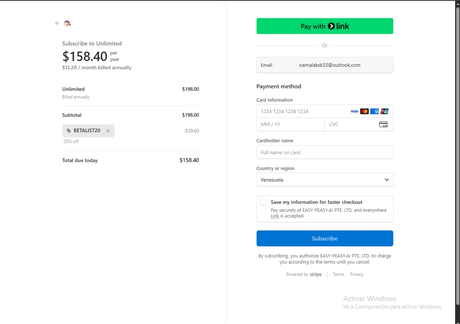 Easy-Peasy.AI checkout page showing Easy-Peasy.AI promo code box | Screenshot taken by SimplyCodes community member on Aug 20, 2025